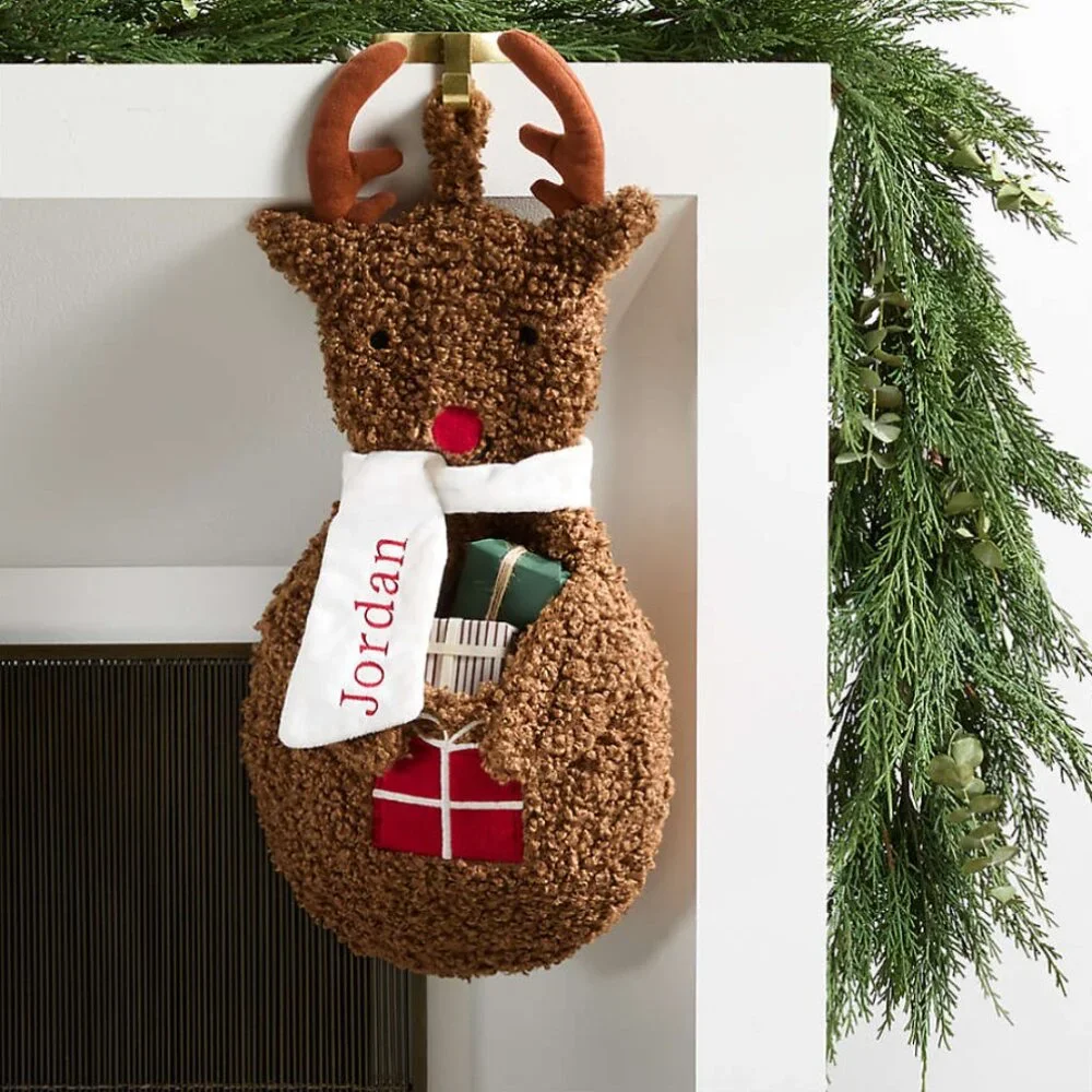 Crate & Barrel Sherpa Reindeer Kids Christmas Stocking